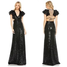 Mac Duggal Black Sequin V Neck Open Back Gown Formal Dress Size 2
