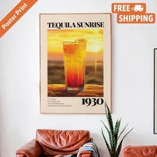 Vintage Tequila Sunrise Cocktail Recipe Fine Art Print: Bar Cart Wall Decor