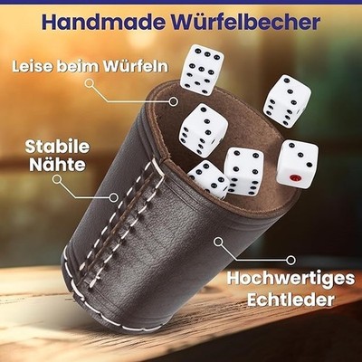 Würfel Becher Echtleder mit 6 Würfeln   Knobelbecher Leder Kniffel Mäxchen Spiel