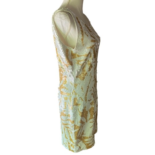 Carmen Marc Valvo White Gold Sequined Bodycon Mini Dress VTG L glam sleeveless - Picture 2 of 15