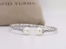 David Yurman Sterling Silver 3.5mm Solari Bracelet 9mm Pearl & Diamonds size M