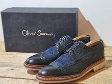 OLIVER SWEENEY CLOPTON NAVY LEATHER DENIM WING CAP BROGUE DERBY SHOES UK 9 EU 43