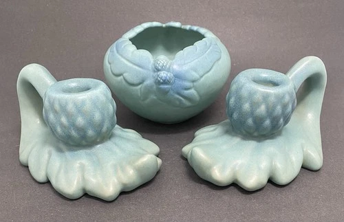 VTG Van Briggle Art Pottery Oak Leaf Acorn Vase 2 Candle Holders Turquoise Blue