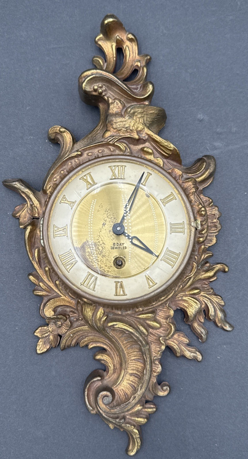 Vintage Brass Bronze ornate MCM French provincial 8 Day Jeweled Wall Clock