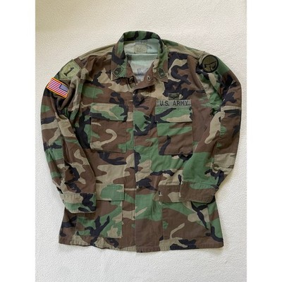US Army Mens Medium Long BDU Jacket Camo Woodland 1st Infantry Division Patches