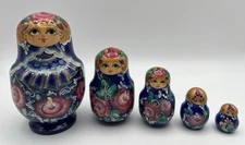 Russian Matryoshka 6" Nesting Dolls Pink Florals  5 Piece Signed Hand Painted