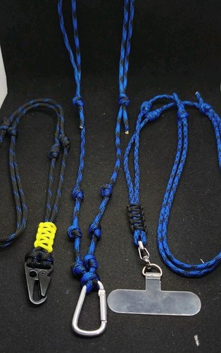 Tris Di Laccetti Per Smartphone In Paracord , Nero/ Azzurro Fatti A Mano - Zdjęcie 2 z 2