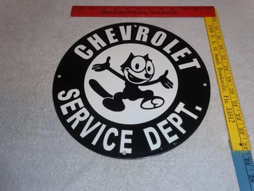 VINTAGE CHEVROLET SERVICE DEPARTMENT FELIX THE CAT 11 3/4" PORCELAIN METAL SIGN!