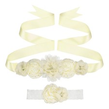 Flower Sash Belt Headband Set, 71 Inch Women Wedding Belt Set, Cream White