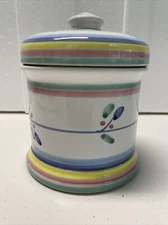 Preowned CALECA Blue/Pink/Yellow/Green 6 1/8" CANISTER & LID - ITALY