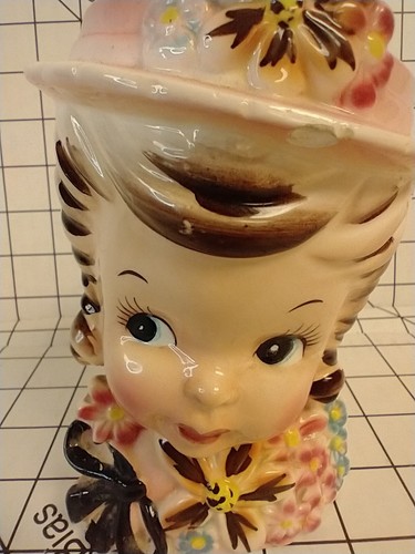 Vintage Head Vase/candle Wreath Mark Blonde Pink Girl Flowers on Hat & Dress - Picture 10 of 12
