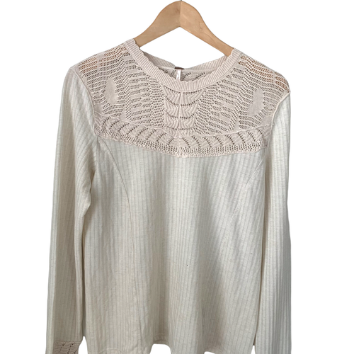 Free People Colette Crochet Yoke Cuffs Sand Cream Sweater Large - Picture 6 of 10