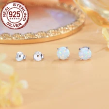 925 Sterling Silver 6mm Round White Fire Opal Stud Earring for Women Accessories