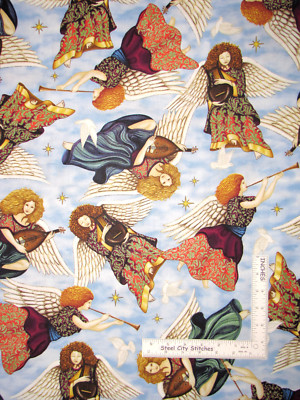 Religious Angel Heaven Angels Wings Blue Cotton Fabric QT Heavenly - Yard