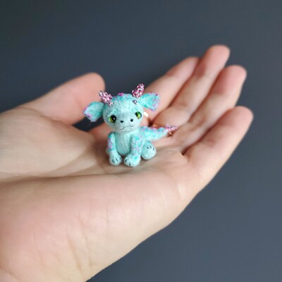 Microtoy Crocheted Teal Moon Dragon. Dollhouse miniature. Handmade. Microtoysby.