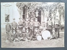 Photograph Marching Band Brass Drums Ashland Ohio OH House Flags Sepia 9x7"