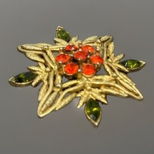 Vintage Star Brooch Orange  Green Rhinestone Gold Tone Four Point Brooch