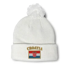 Pom Pom Beanies for Women Croatia Flag Embroidery Winter Hats for Men Skull Cap