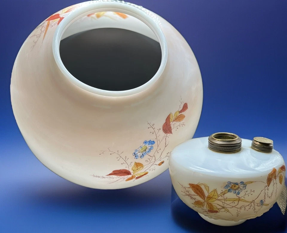 Hanging Kerosene Lamp 14" Shade and Font Matched Pair Blue Brown Floral or Oil - Image 2 of 4