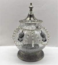Crackle Glass Jar Potpourri Bowl Pewter Base & Lid Fancy Beads 9.5” Tall