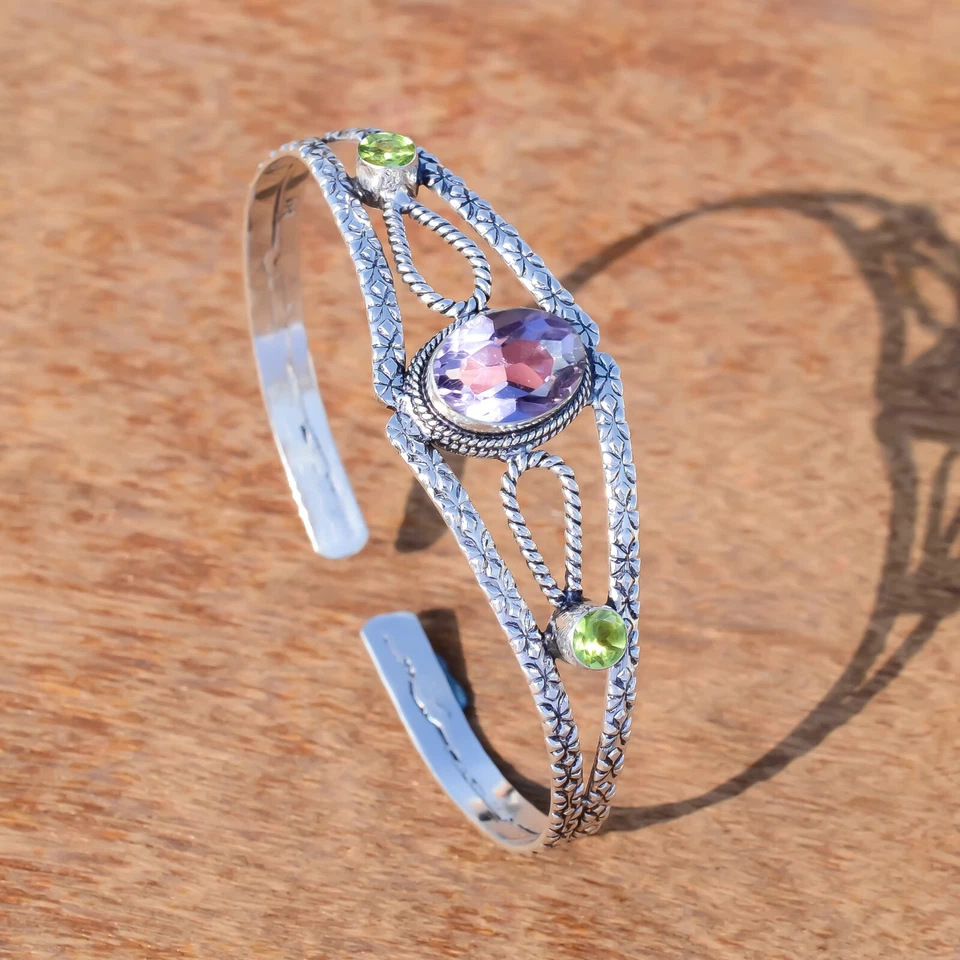 Amethyst Oval Cut & Peridot Cut Gemstone 925 Sterling Silver Bracelet For Anyone - Image 4 of 4