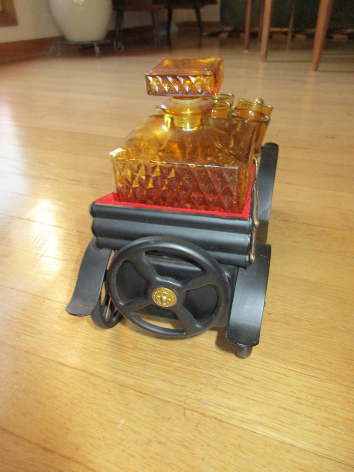 Vintage Car Liquor Decanter Caddy Music Box Plays "How Dry I Am" Works