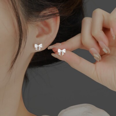 925 Sterling Silver Butterfly Bowknot CZ Stud Earrings Women Gift K34A