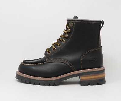 SKECHERS Maxx Black Leather Upper Ankle Fashion Logger Boots