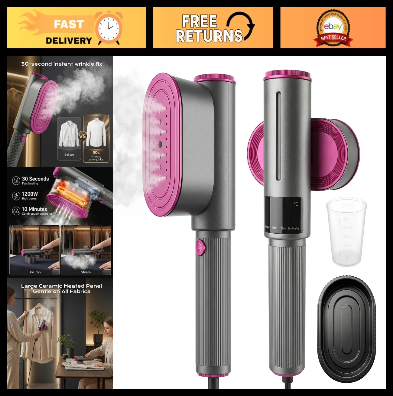 Portable Travel Steamer & Iron 2-in-1, 1200W, 100ml Tank, Ceramic Heat, Rotatabl