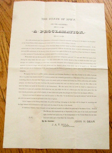 PRESIDENT JAMES A GARFIELD ASSASSINATION IOWA BROADSIDE 1881