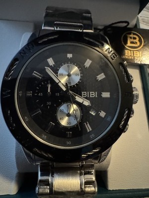 BIBI Luxury Watch Quartz Chronograph Black Dial Silver Metal Bracelet w/ Box