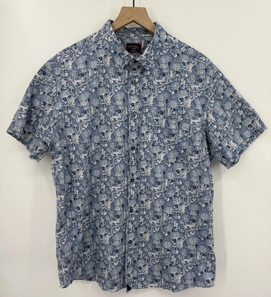 UNTUCKit Shirt Mens XL Blue Jungle Animals Slim Fit Short Sleeve Button Down - Image 2 of 4