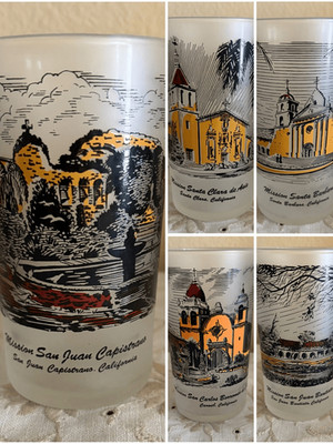 Set of 5 Libbey Vintage Frosted California Missions Tumbler Drinking Glasses