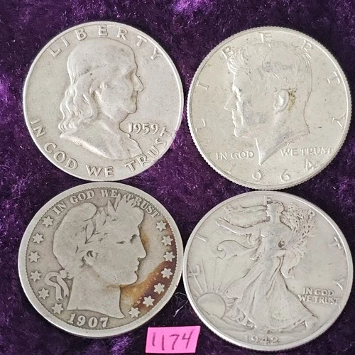 LOT of 4 🇺🇲🔥G-AU🔥1907 Barber 1942 1959 Franklin 1964 Silver Half Dollars 174
