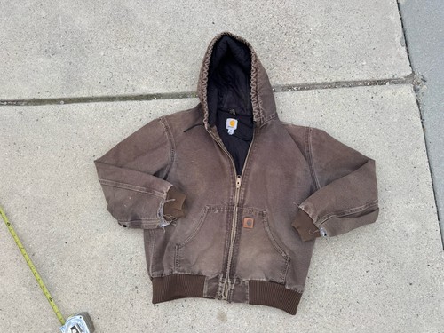 Carhartt Jacket Mens Medium Dark Brown Hooded Quilted Faded Worn Active J130 DKB