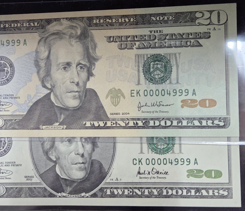 (2) LOW SERIAL *MATCHING* $20 BILLS 00004999 / 2001 & 2004 UNCIRCULATED  - Image 2 of 4