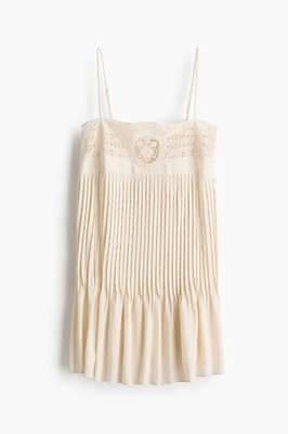 H&M Women Cream Lace Panel Pintuck Dress | Sleeveless Spaghetti Strap