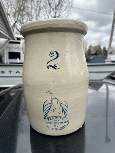 Antique Red Wing 2 gallon Blue Birch Leaf Stoneware Churn Crock Minnesota