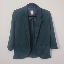 LC Lauren Conrad 4 Blazer Womens Forest Green Open Front 3/4 Cuffed Sleeve