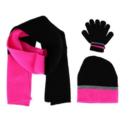 Connex Gear Girl's 8 - 16 Stripe Hat Scarf and Gloves 3 Piece Winter Set