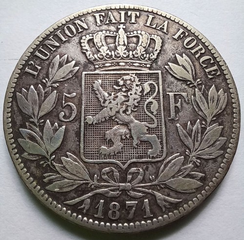 1871 Belgium Leopold II Silver 5 Francs KM 24 VF Details
