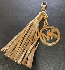 Michael Kors Gold MK Logo Charm Tan Leather Tassle 4 Handbag Purse Fob Hang Tag
