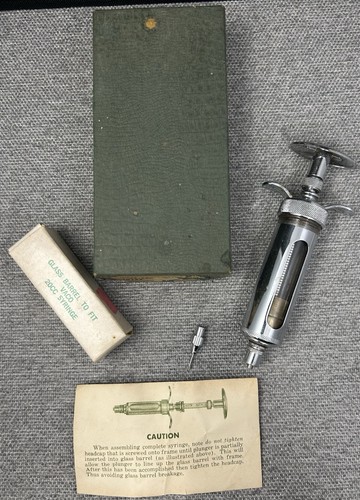 Vintage Ideal Vaco-Metal Plunger Veterinary Syringe ID124 Box Extra Glass Barrel