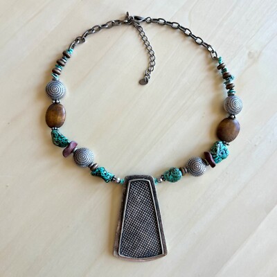 Folk Art Pendant Necklace with Pewter, Wooden and Turquoise Beads, Art  Piece NEW