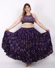 Women 25 Yard 4 Tier Jaipuri Cotton Belly Dance Violet Polka Dot Long Maxi Skirt