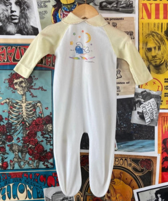 Vintage Baby Kid 80s Moon Stars Rainbow Smurf Cartoon Pajama Jumpsuit 6-9 Months
