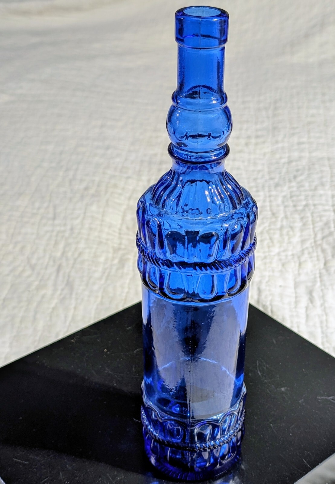 Decorative Blue Glass Bottle Embossed Rope Design Home Decor 12" Collectible Vtg