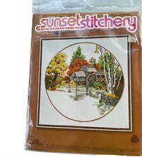 VTG Sunset Stitchery Crewel Embroidery Kit “FALL MILL POND” 2473 wool yarn 1978