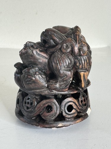 Vintage Hand Carved Chinese Foo Dog Statue Figurine Unique Brown Feng Shui 2.5” - Picture 9 of 24