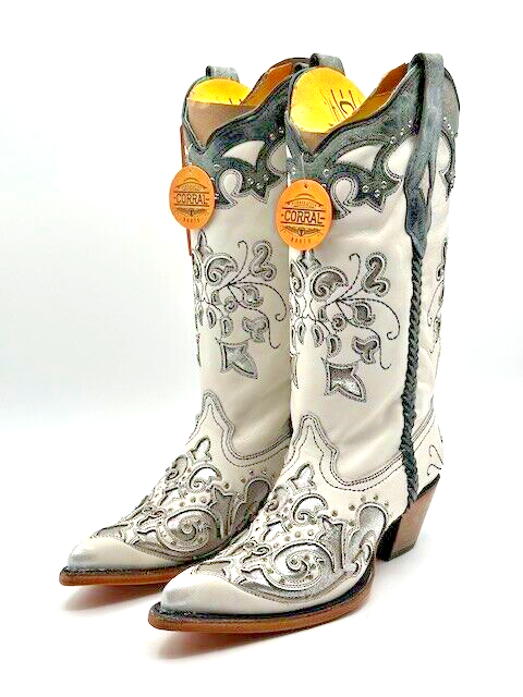White & Silver Embroidered Crystal Studded Leather Boots by Corral - Size 6.5